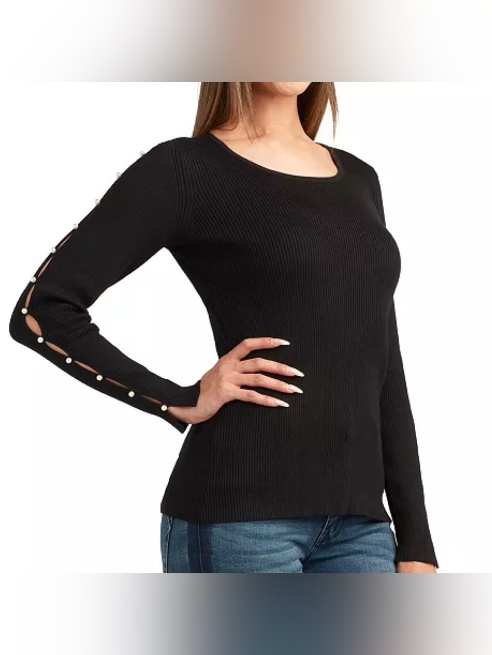 BCX Ribbed Pearl Sleeve Sweater